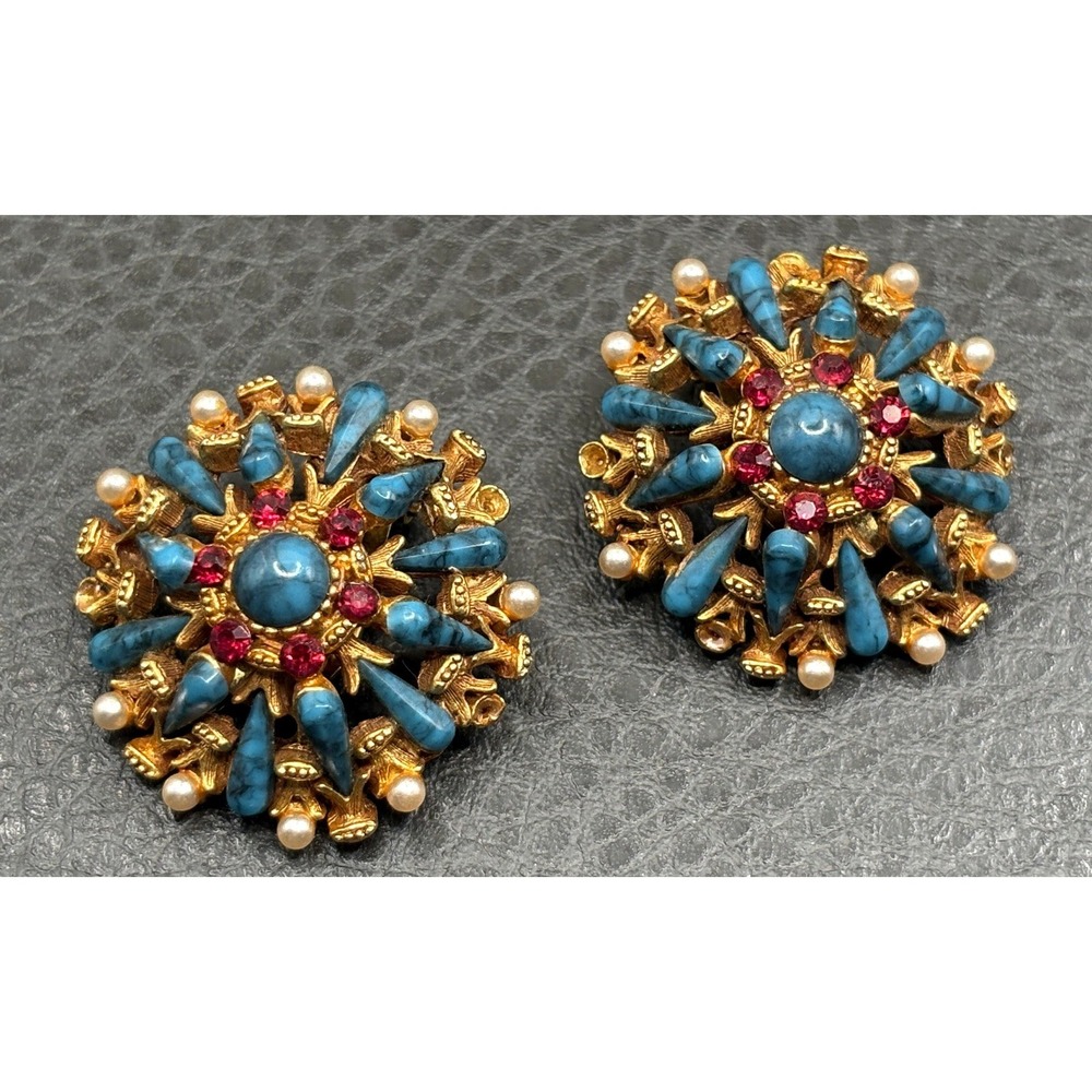 Vintage HAR Clip-On Earrings Faux Turquoise Pink Rhinestone FAUX Pearl Gold Tone